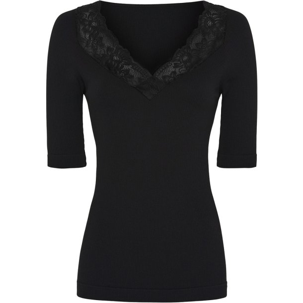 TIM &amp; SIMONSEN BELEN RIB V-LACE TOP SS BLACK